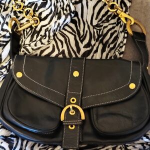 Perlina Black Leather Shoulder Bag with Gold Hardware